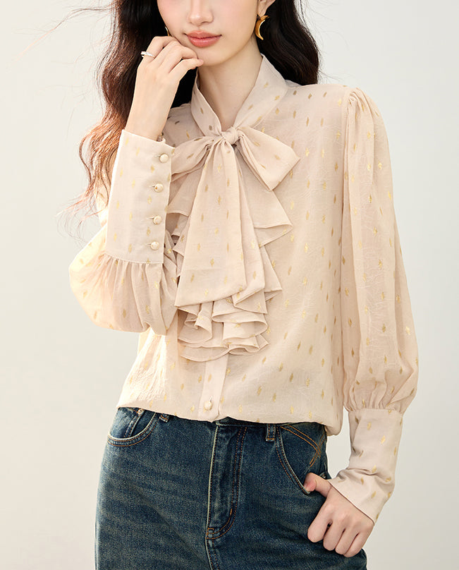 Bow Tie Ruffle Blouse with Metallic Print