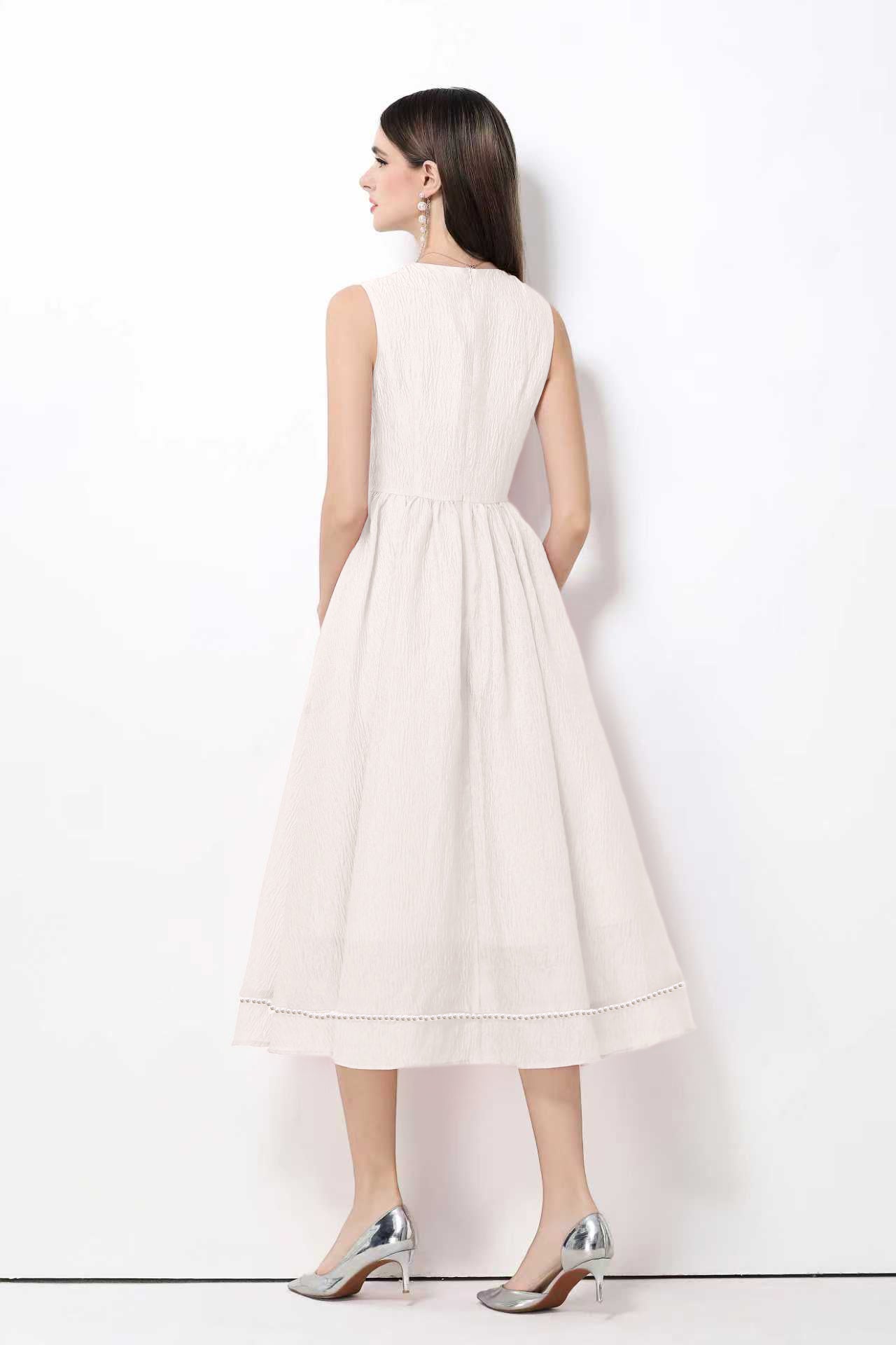 Elegant Pearl Trim A-Line Midi Dress - LAI MENG FIVE CATS