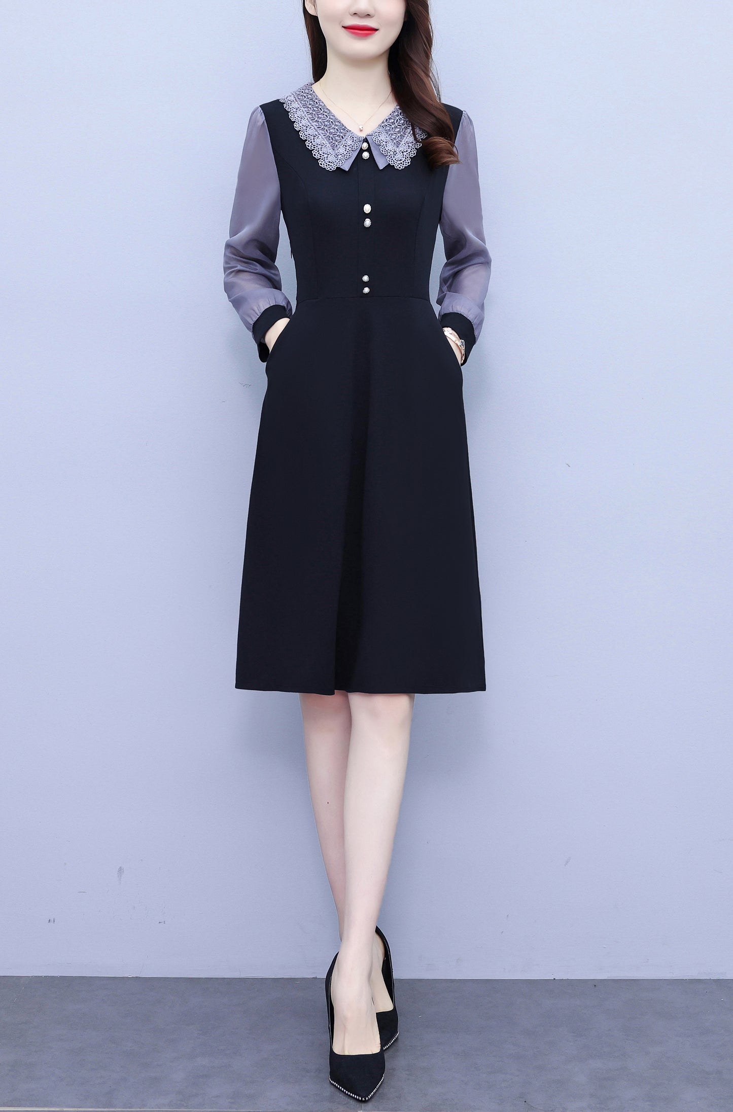 Women's Peter Pan Collar Long Sleeve Pocket Midi Dress