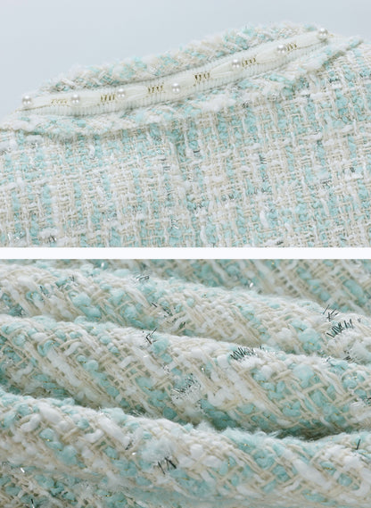 28705 Mint Blue Pearl-Trim Tweed Jacket