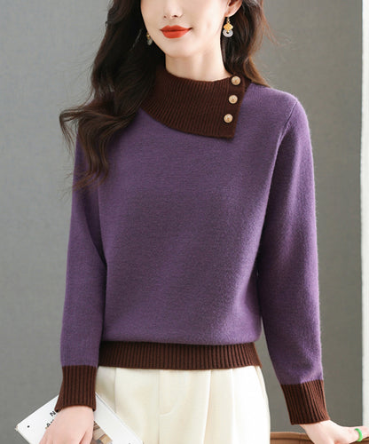 Chic Color-Block Knit Sweater – Asymmetric Neck Pullover Tops