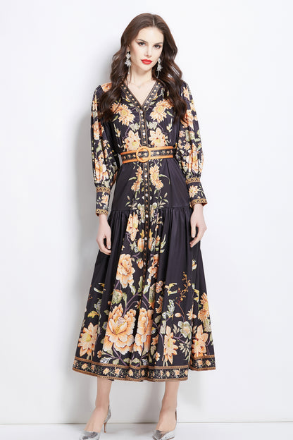 Women's V-Neck Floral Print Pleats Maxi Dress