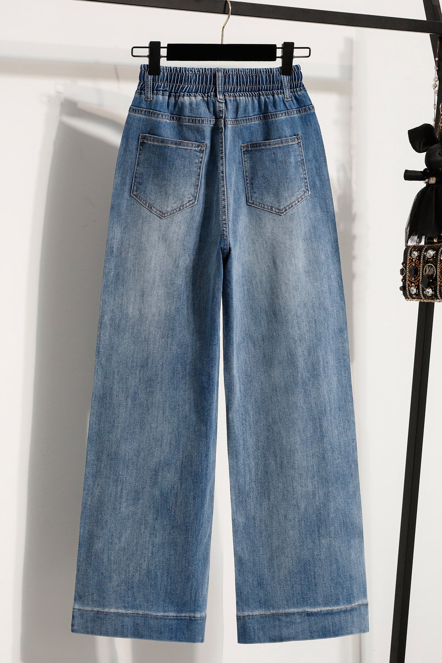 26-Women's Jeans Elastic Waist Baggy Wide Leg Denim