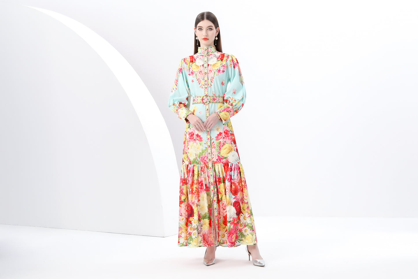 Women's Puff Sleeve Button Floral Pring Maxi Dress