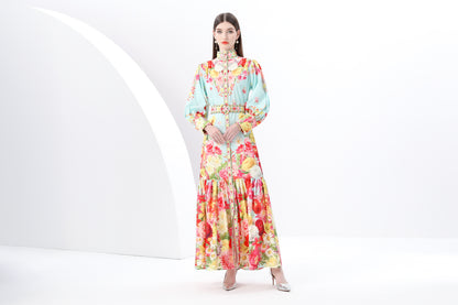 Women's Puff Sleeve Button Floral Pring Maxi Dress