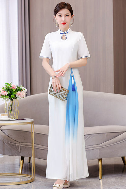 Women's Cheongsam Short Sleeve Qipao Long Dress