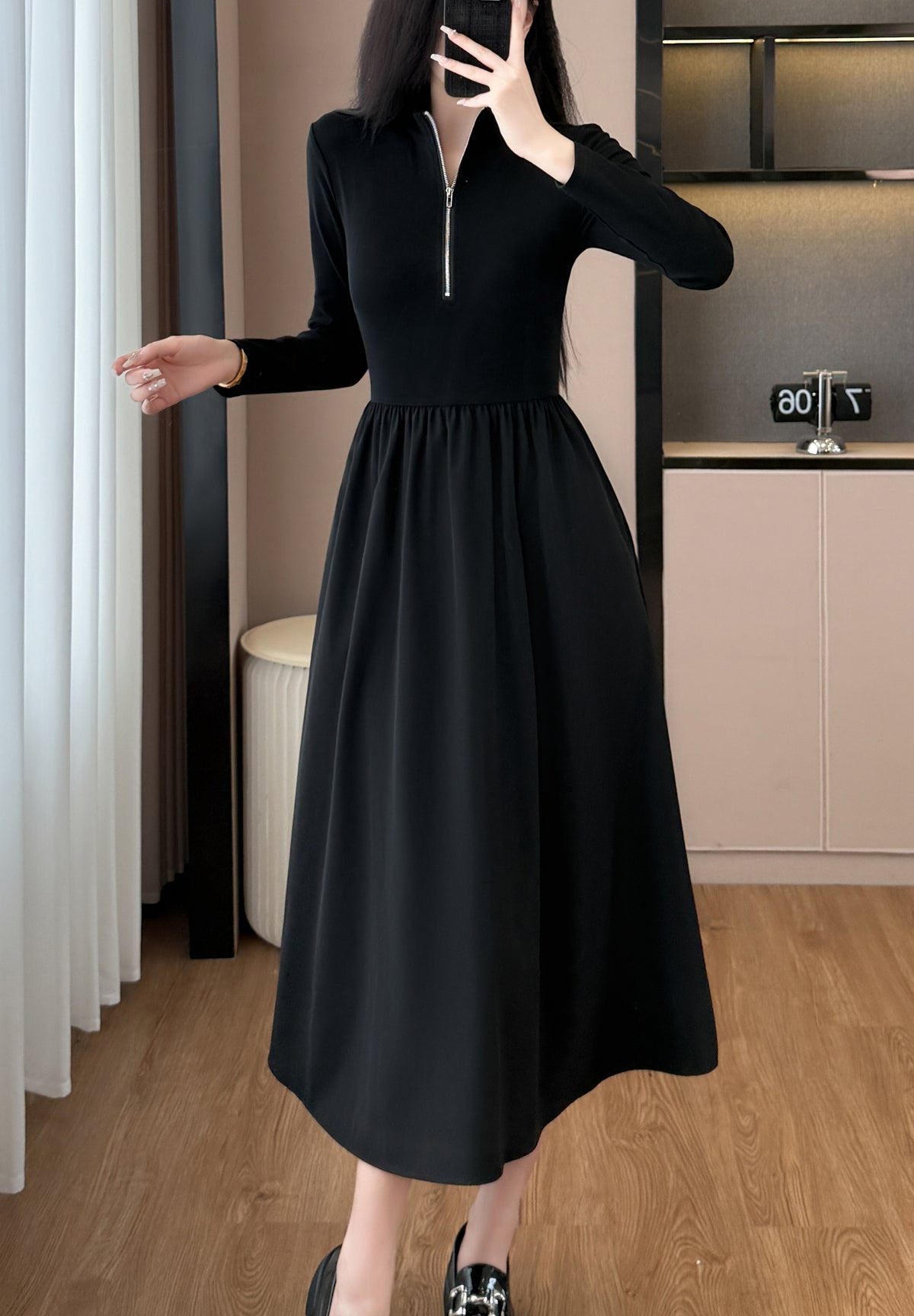 28665-Black Zip-Front Midi Dress – Stretch Knit Layered Look