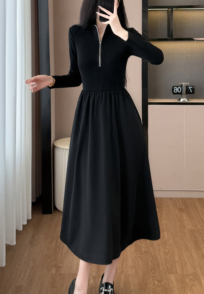 28665-Black Zip-Front Midi Dress – Stretch Knit Layered Look