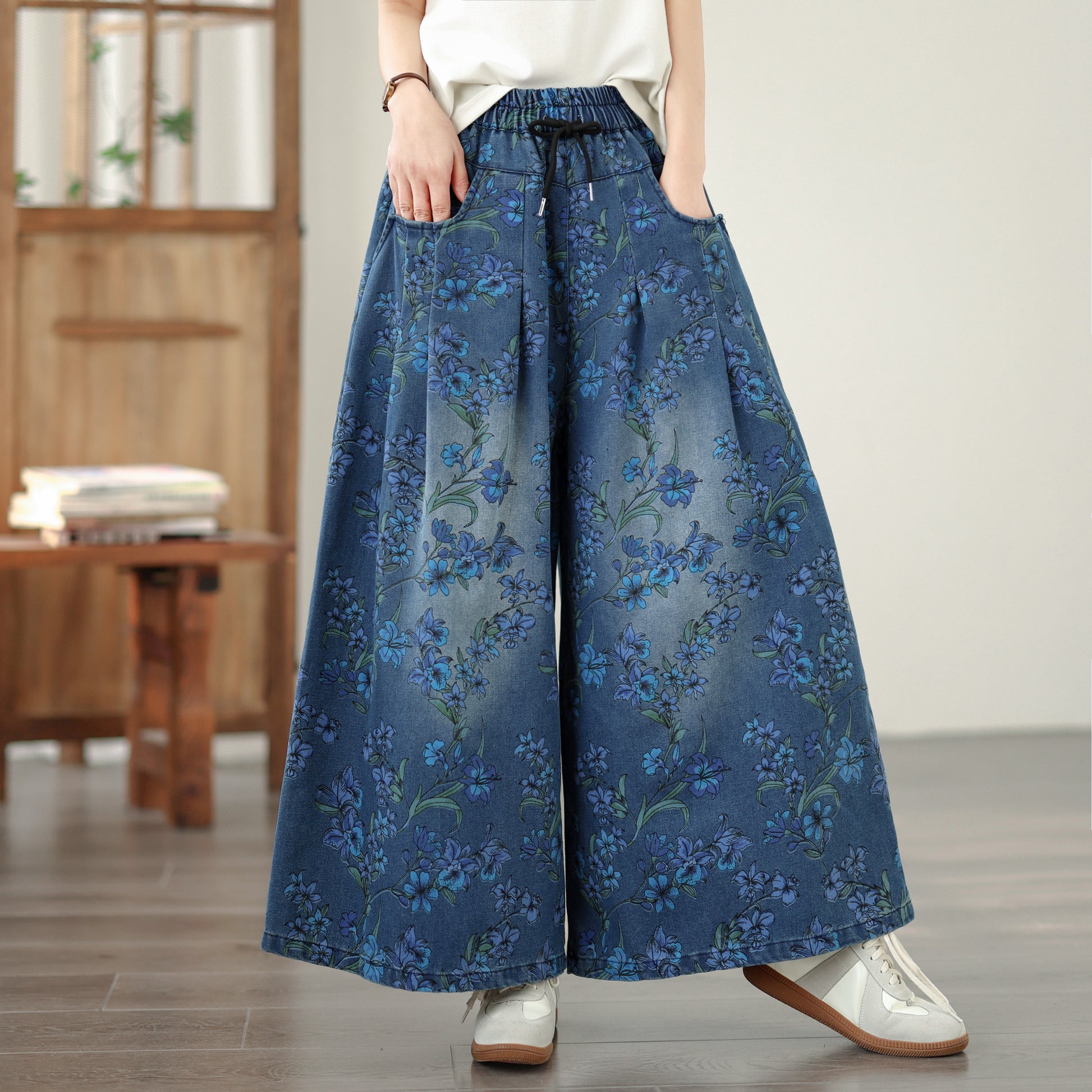 26-Women's Jeans Elastic Waist Baggy Wide Leg Denim - LAI MENG FIVE CATS