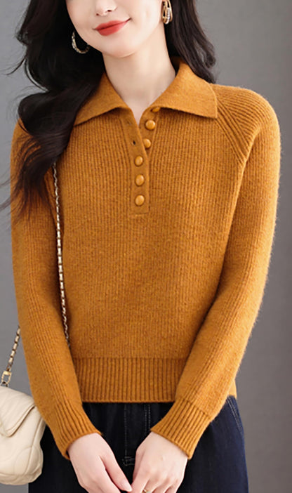 Women's Ribbed Knit Polo Top — Soft Button-Front Sweater