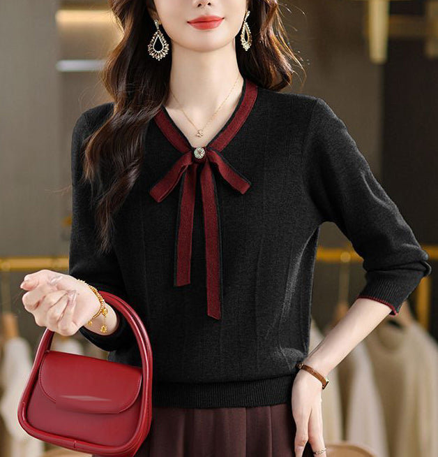 Vintage Bow Collar Knit Sweater Long Sleeve Pullover Top