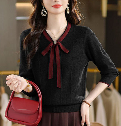 Vintage Bow Collar Knit Sweater Long Sleeve Pullover Top