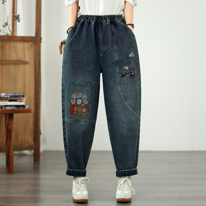 Vintage Embroidered Denim Harem Pants Ethnic Loose Fit Boyfriend Jeans