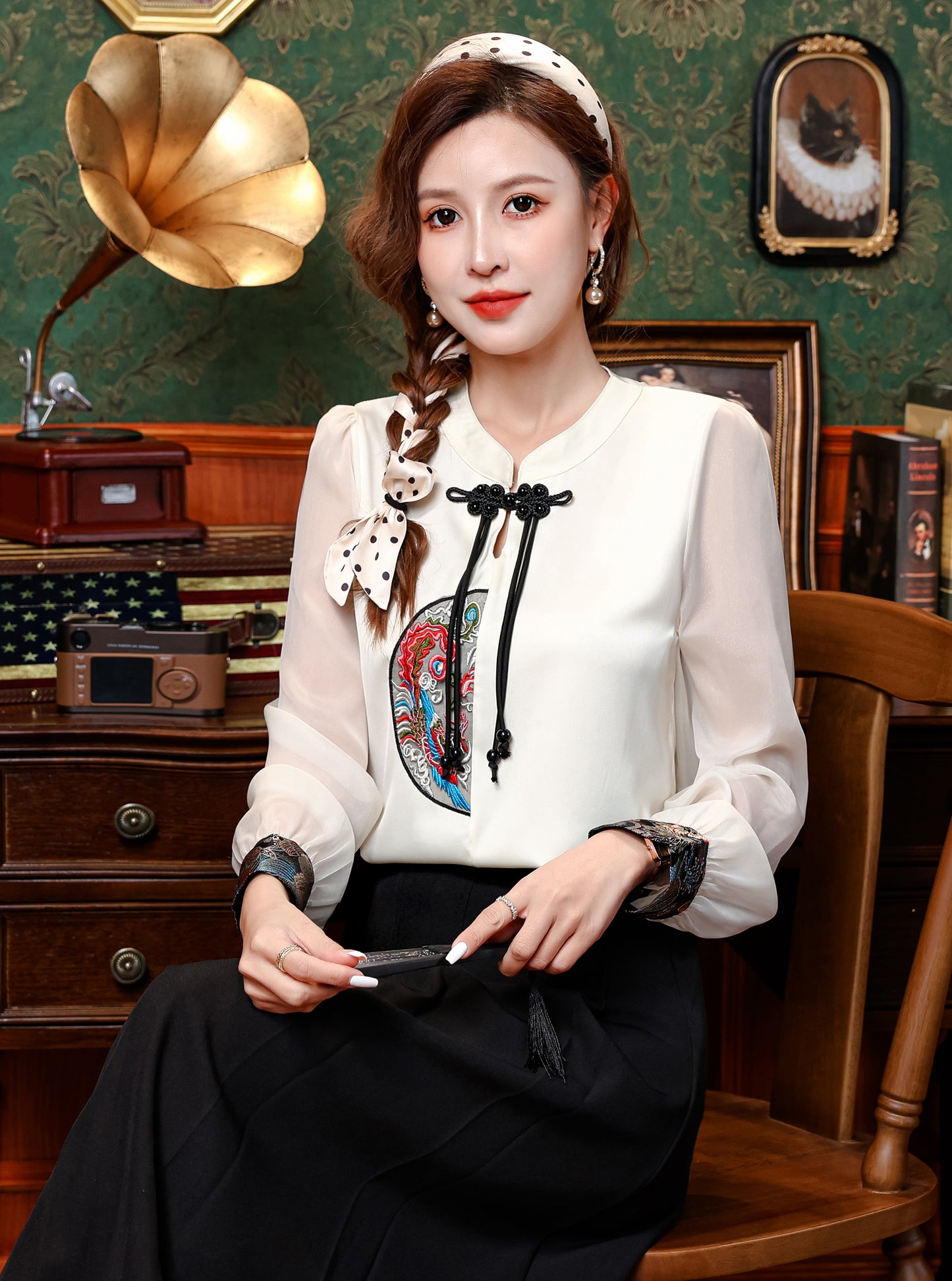 Women's Silk Satin Top Embroidered  Jacquard Shirt