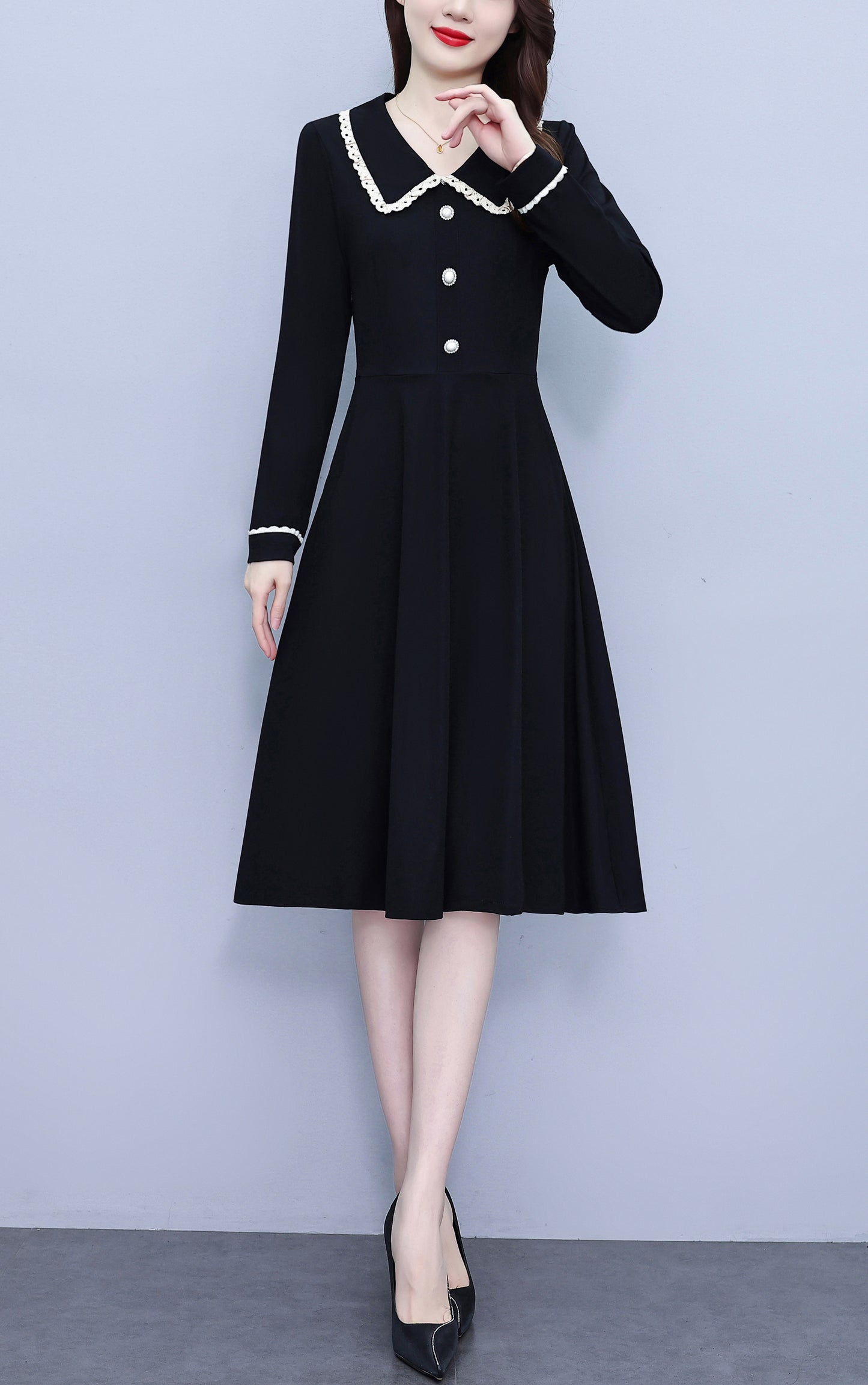 Women's Peter Pan Collar Long Sleeve Black Dress with Pocket