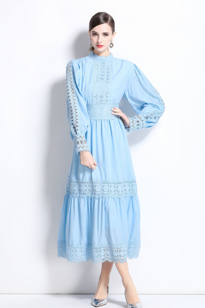 Women's Mock Neck Lantern Sleeve Lace Tiered Maxi Dress