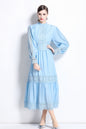Women's Mock Neck Lantern Sleeve Lace Tiered Maxi Dress
