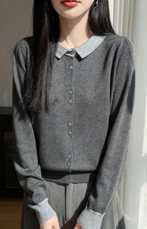 Contrast Collar Knit Cardigan – Two-Tone Polo Button-Up Sweater