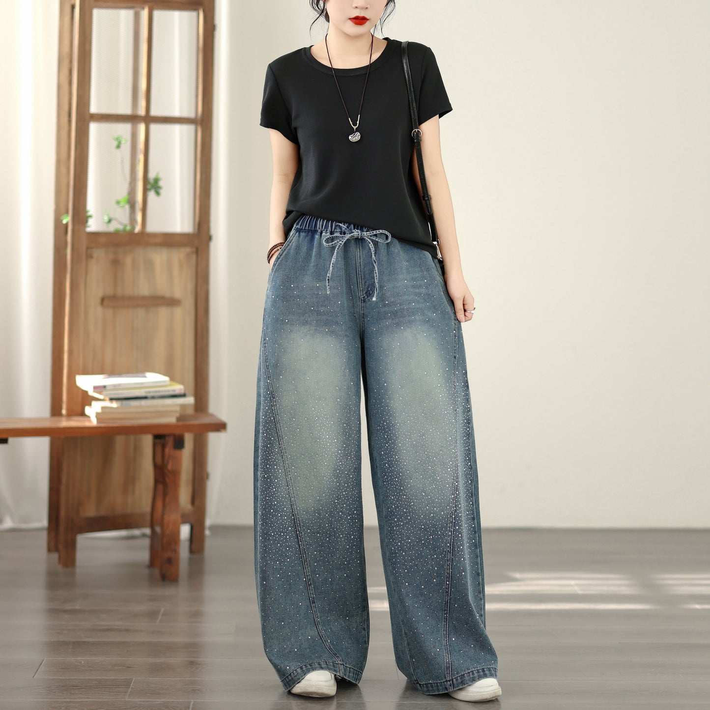 Women's Baggy Jeans Drawstring Waist Wide Leg Denim Pants