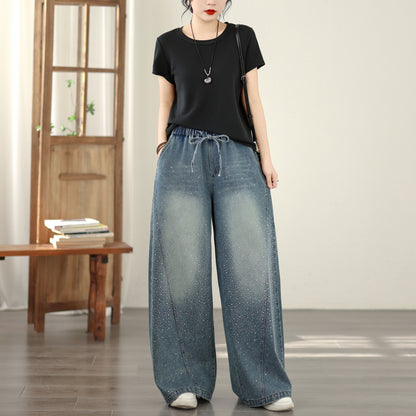 Women's Baggy Jeans Drawstring Waist Wide Leg Denim Pants