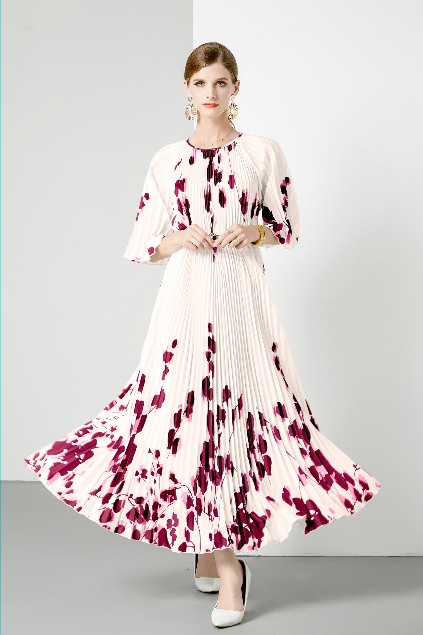 Elegant Pleated Round Neck Print Casual Maxi Dress