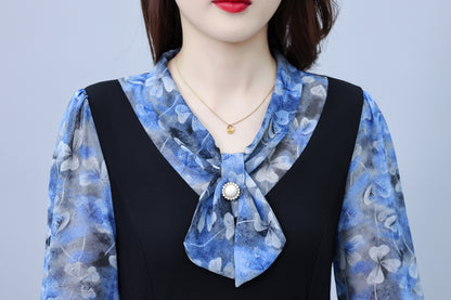 Women's V-Neck Long Sleeve Patchwork Black Dress