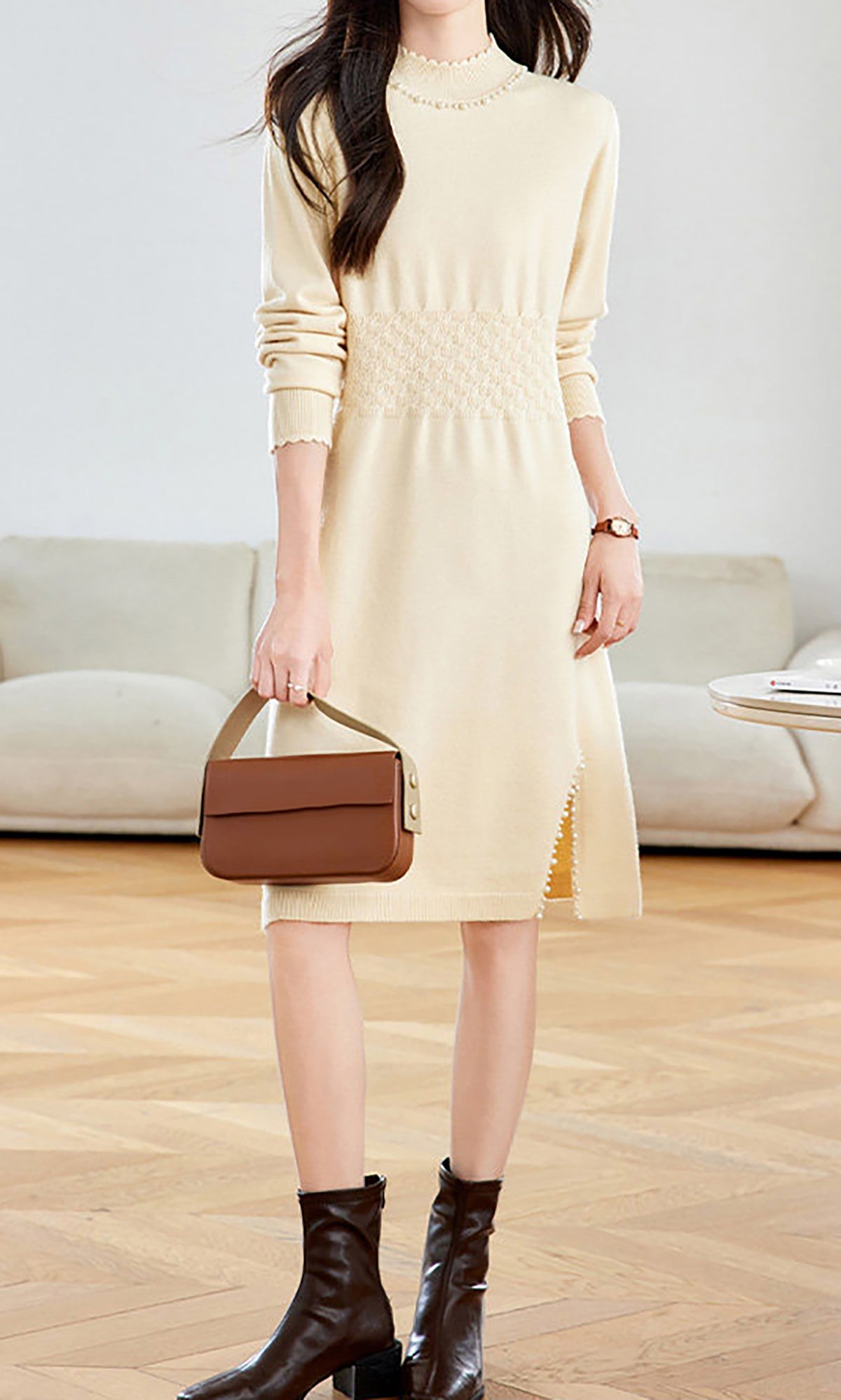 28711 Mock Neck Knit Dress With Pearl Slit Detail - LAI MENG FIVE CATS