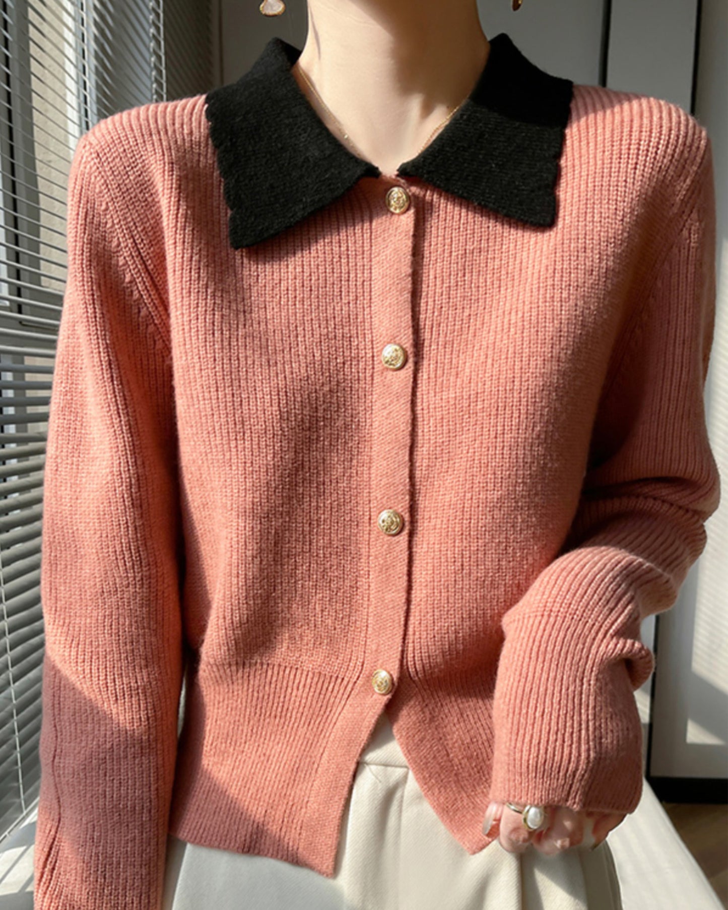Chic Contrast Collar Knit Cardigan – Vintage Button Ribbed Sweater Top