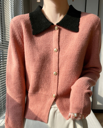 Chic Contrast Collar Knit Cardigan – Vintage Button Ribbed Sweater Top