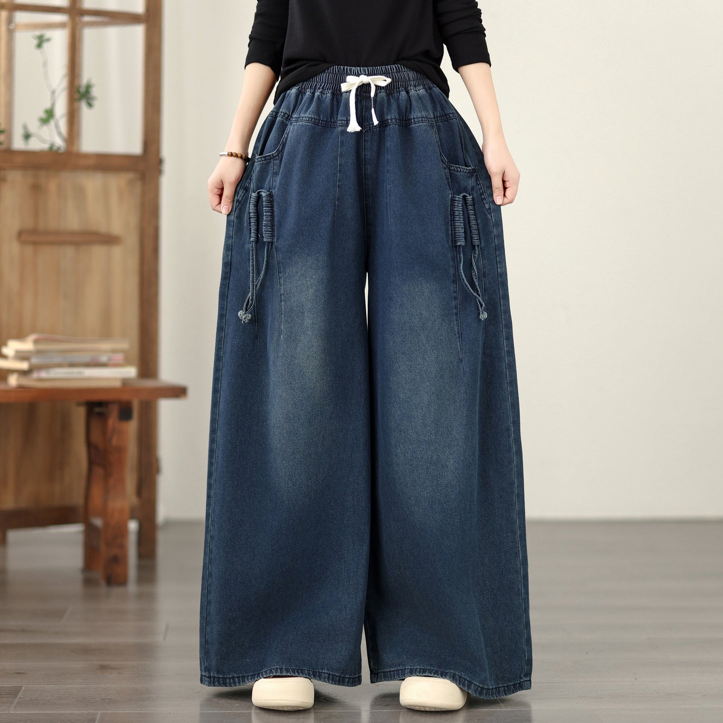 Jeans for Women Wide Leg Pull On Elastic Waist Denim - LAI MENG FIVE CATS