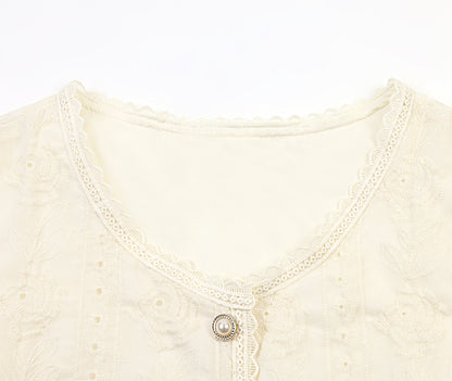 Embroidered Eyelet Blouse | Breathable Cotton with Lace Trim