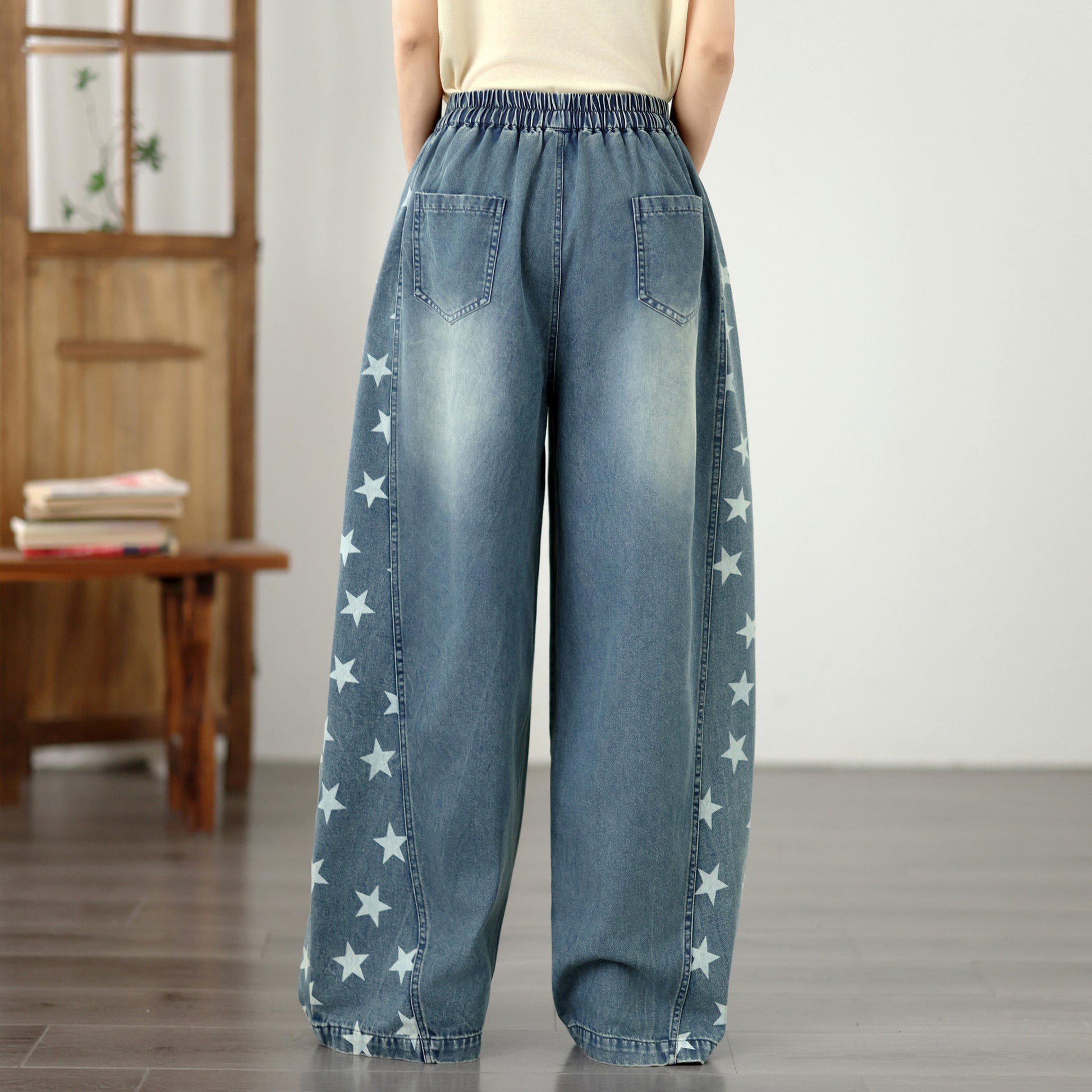 Women's Wide Leg Jeans Elastic Waist  Casual Loose Curved Pants - LAI MENG FIVE CATS