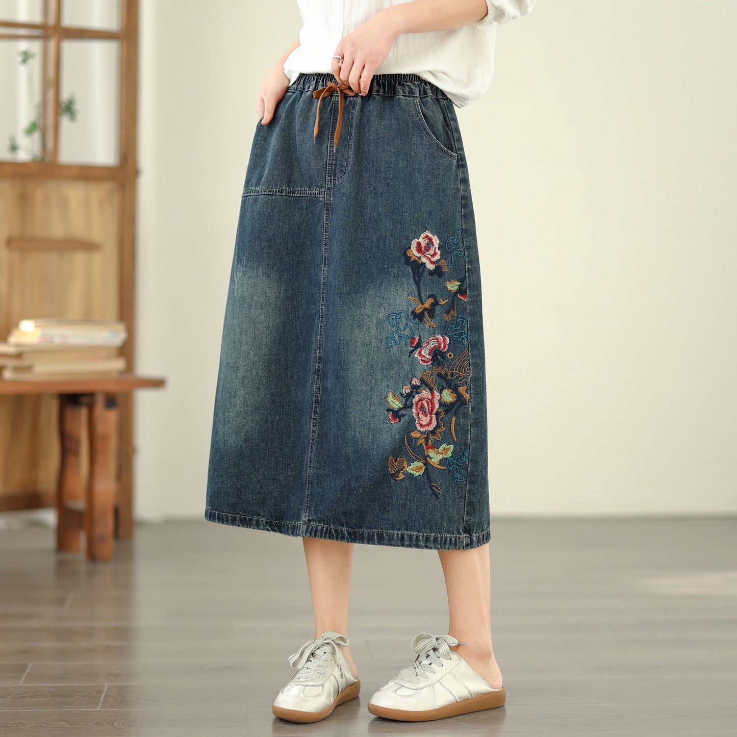 Women's Denim Drawstring Waist Pockets Jean Skirt