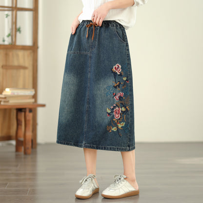 Women's Denim Drawstring Waist Pockets Jean Skirt