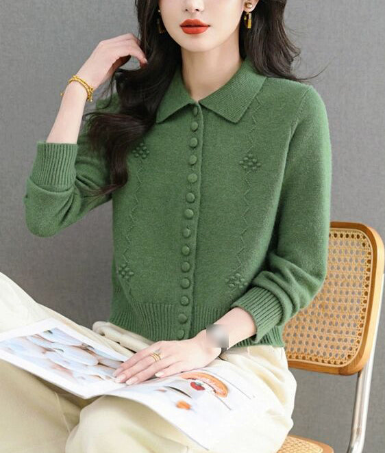 Textured Knit Zip-Up Cardigan Polo Collar Cropped Outerwear