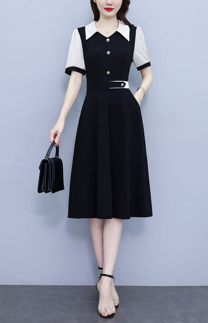 Women's Lapel V-Neck Pocket Short Sleeve Midi Dress - LAI MENG FIVE CATS