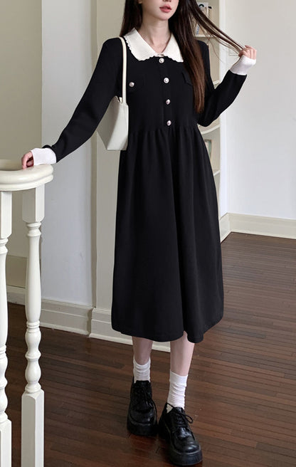 Women's Peter Pan Collar Ribbed Knit Sweater Midi Dress