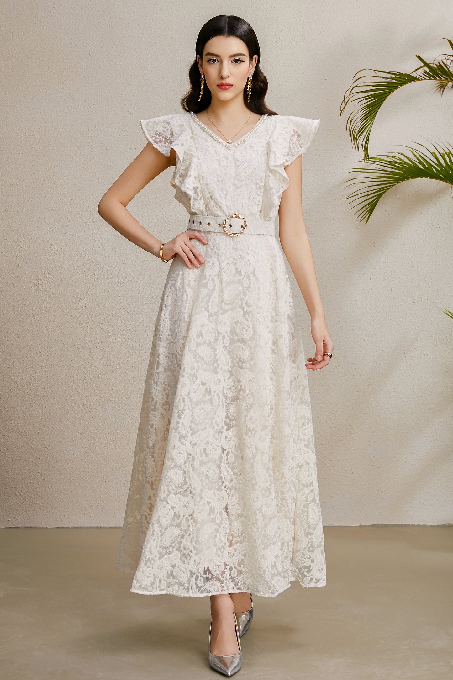 Women's Pearl V-Neck Lace Sleeveless Ruffled Sleeves Maxi Dress