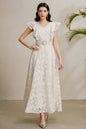 Women's Pearl V-Neck Lace Sleeveless Ruffled Sleeves Maxi Dress