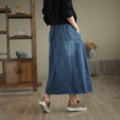 Women's Denim Drawstring Waist Pockets Jean Skirt