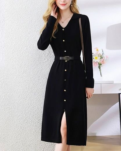 Elegant Lapel V-Neck Knit Midi Dress: Button Decoration & Belted Waist