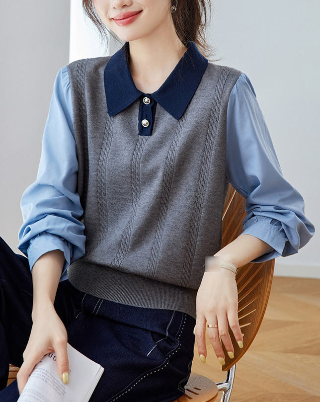 Color Block Cable Knit Polo Top – Faux Two-Piece Sweater Shirt