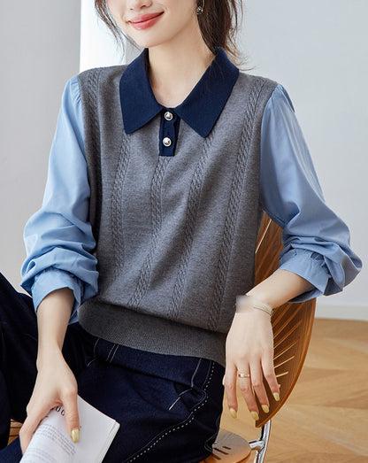 Color Block Cable Knit Polo Top – Faux Two-Piece Sweater Shirt