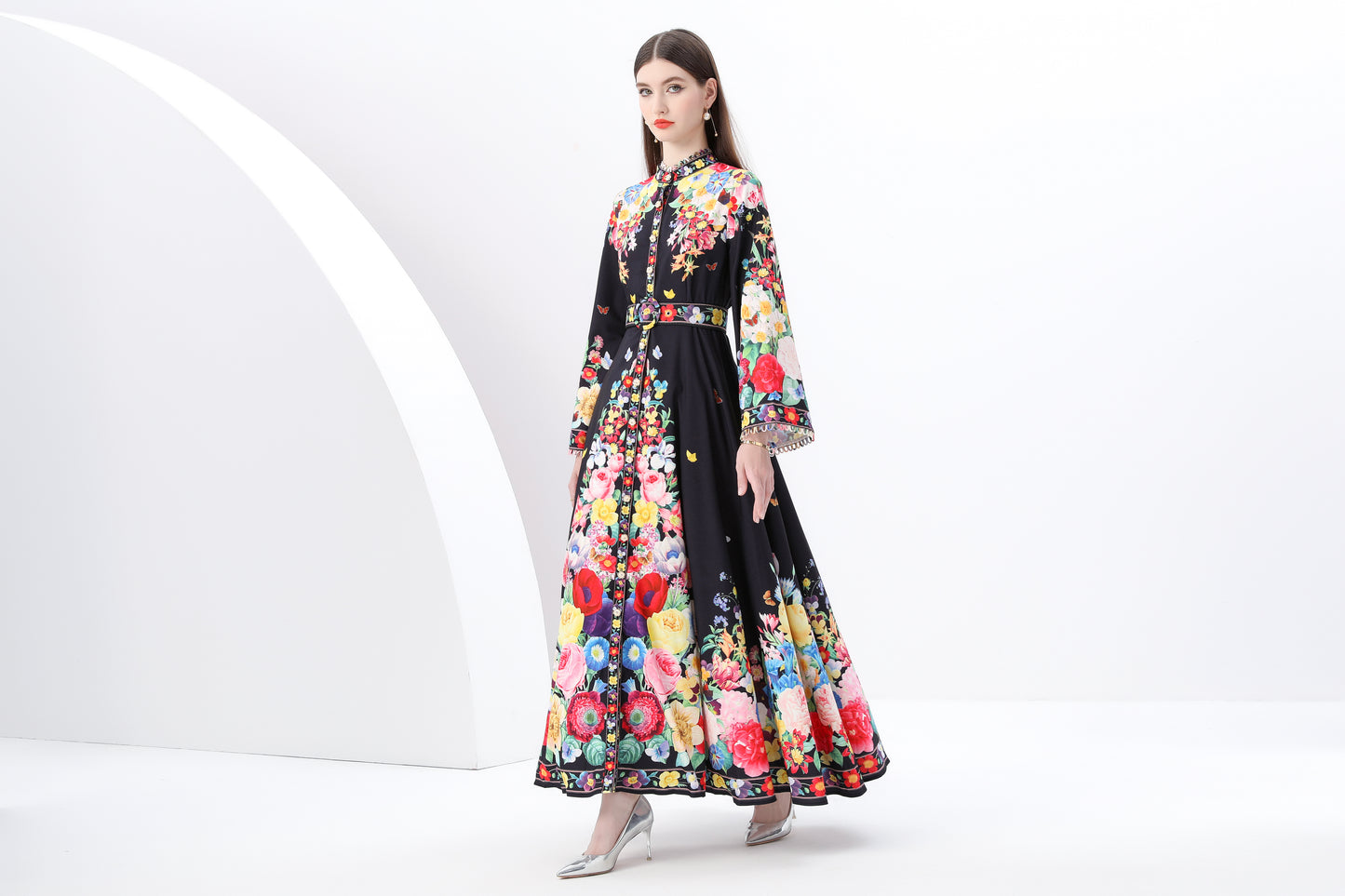 Women's Printed Button Flared Long Sleeves Maxi Dress