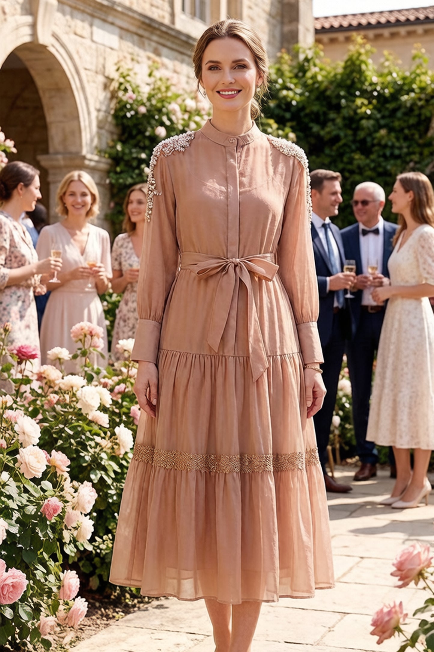 Elegant Bead Embroidery Loose Button Belted Maxi Dress - LAI MENG FIVE CATS