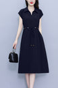 Women's V-Neck Cap Sleeve Pocket Midi Dress