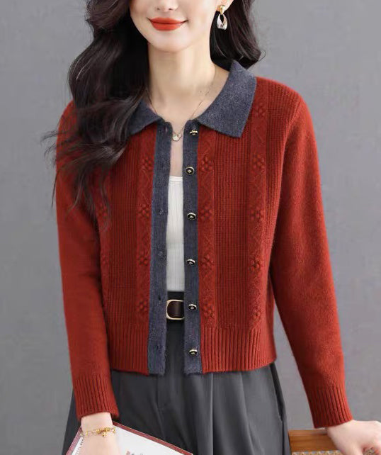 Vintage Contrast Collar Cable Knit Cardigan | Textured Button Crop Sweater