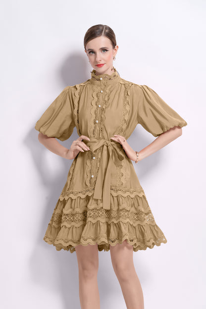 Khaki Lace Trim Mini Dress – Relaxed Quiet Luxury Summer Style