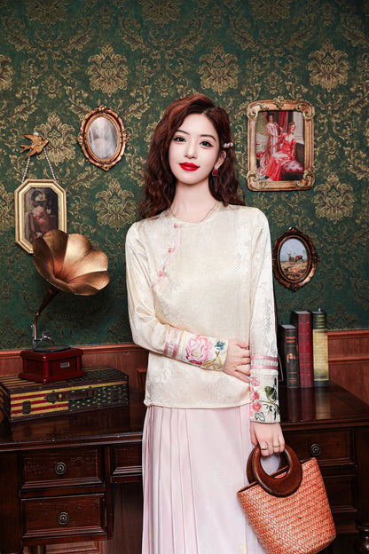 Women's Round Neck Jacquard Embroidery Blouses - LAI MENG FIVE CATS