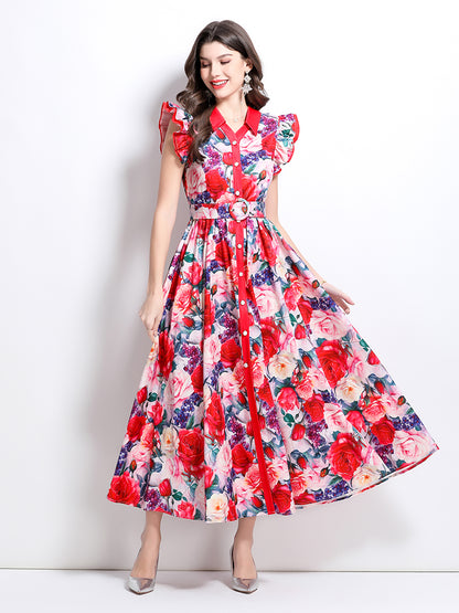 BK-Floral V Neck Sleeveless Ruffles Maxi Dresses